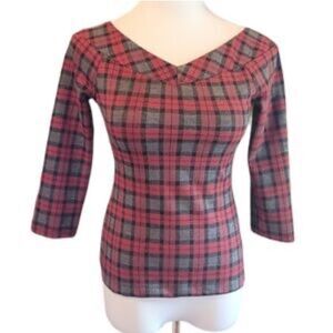 Unique Vintage Plaid Top Red Grey Medium